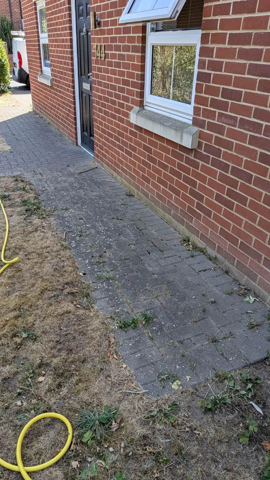 Weedy block-paved side path before professional pressure washing