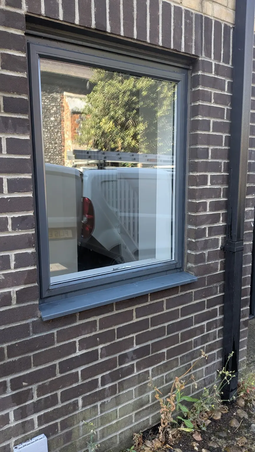 Dark-framed ground-floor window after professional cleaning