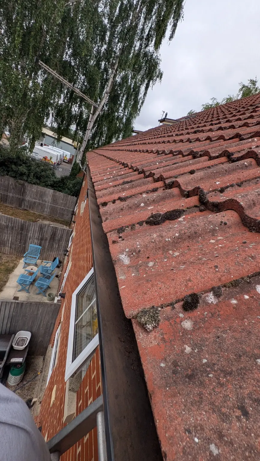 Gutter after leaves moss and loose debris were professionally cleared