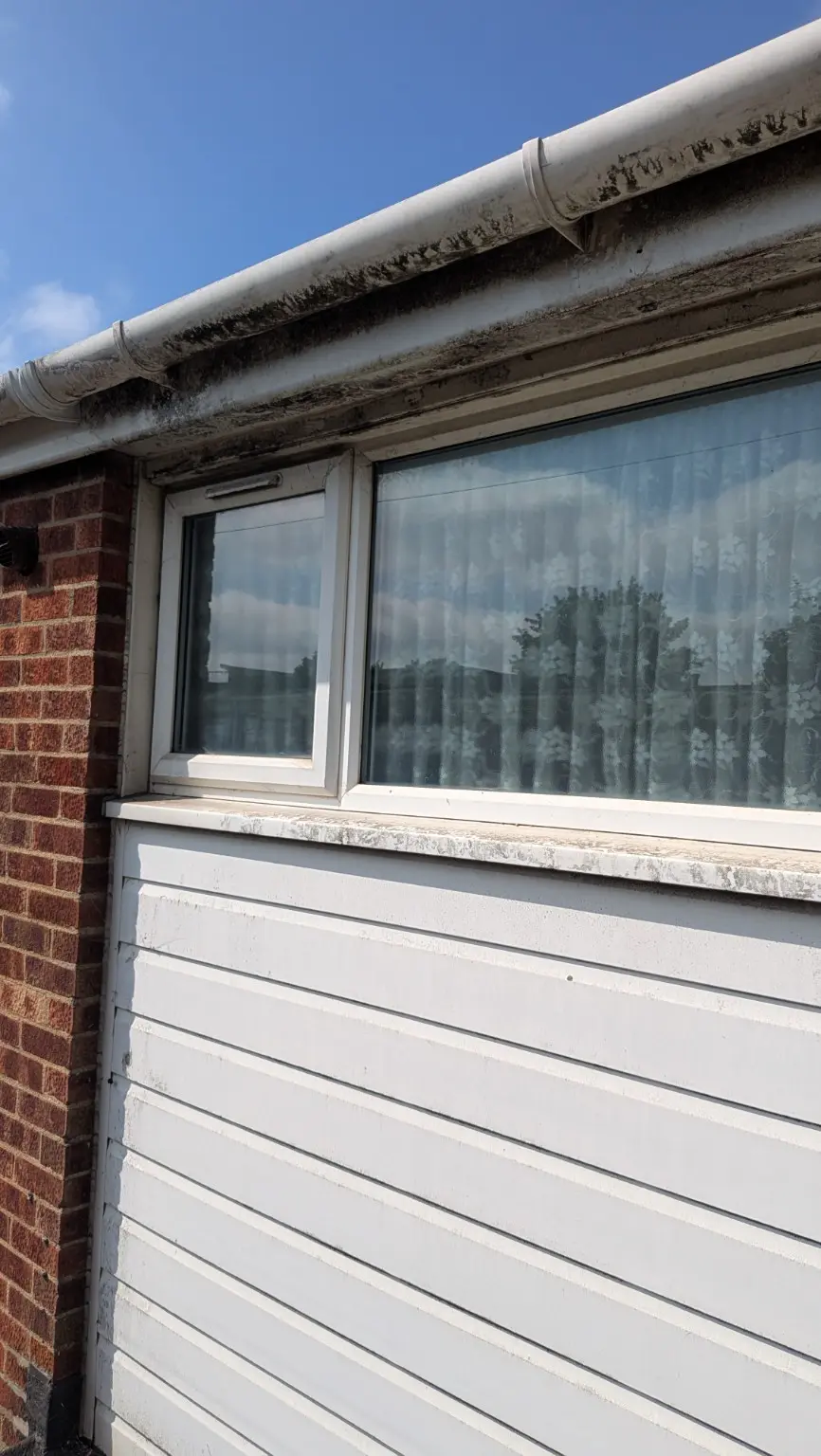 White exterior gutter and fascia with heavy black weather staining before cleaning